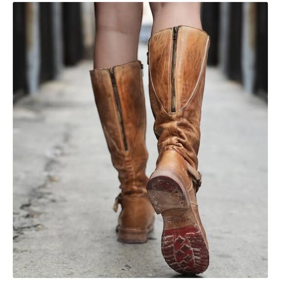 Bed|Stu Gayle Equestrian-type Tall Boot Women's 9.5 Wide Calf Tan Rustic Leather - Picture 1 of 15